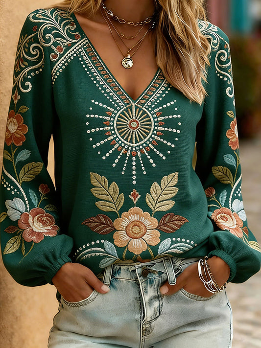 Women's Western Style Plant Flower Printed V-neck Tops