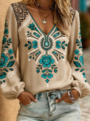 Women's Western Style Plant Flower Printed V-neck Tops