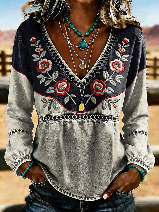 Women's Western Vintage Floral Print Casual V-Neck T-Shirt