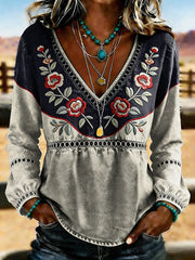Women's Western Vintage Floral Print Casual V-Neck T-Shirt