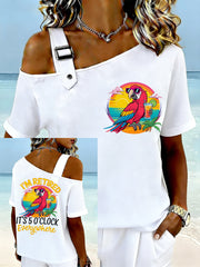 Women's  I'm Retired It's 5 O'clock Everywhere Parrot Print Casual Off-Shoulder Short-Sleeve Tee
