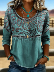 Women's Vintage Western Art Print Casual Top