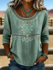 Women's Western Vintage Floral Print Casual O-Neck Top