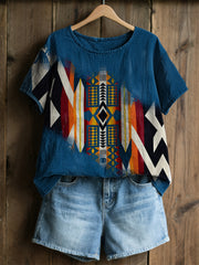 Women's Retro Western Aztec Print Linen Short Sleeves T-shirt