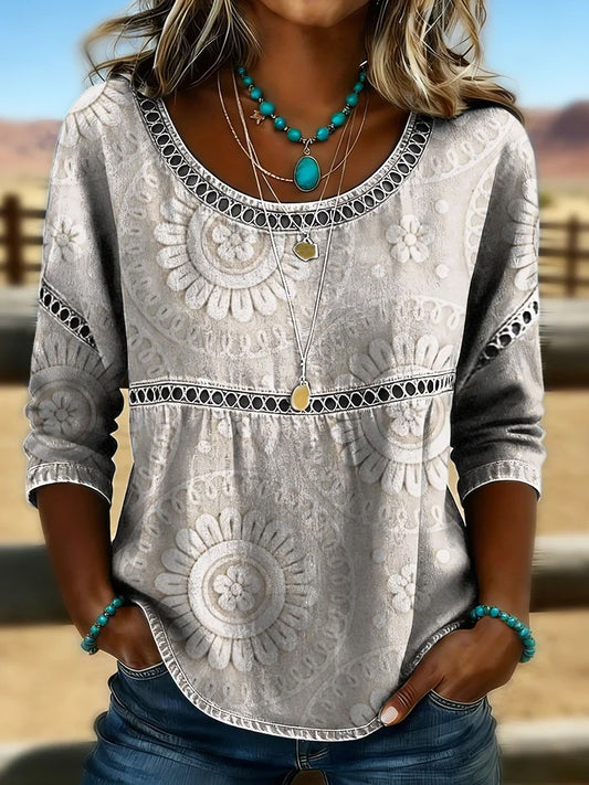 Women's Vintage Western Art Print Casual Top