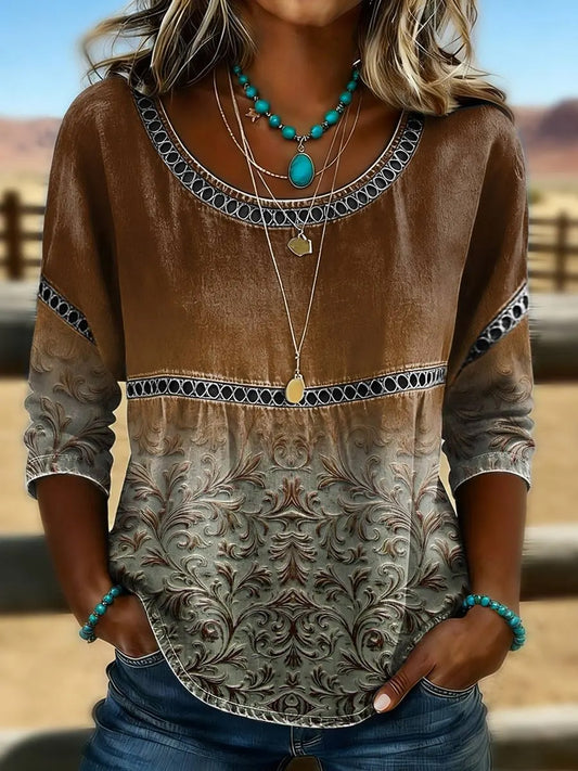 Women's Vintage Western Art Print Casual Top