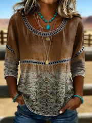 Women's Vintage Western Art Print Casual Top