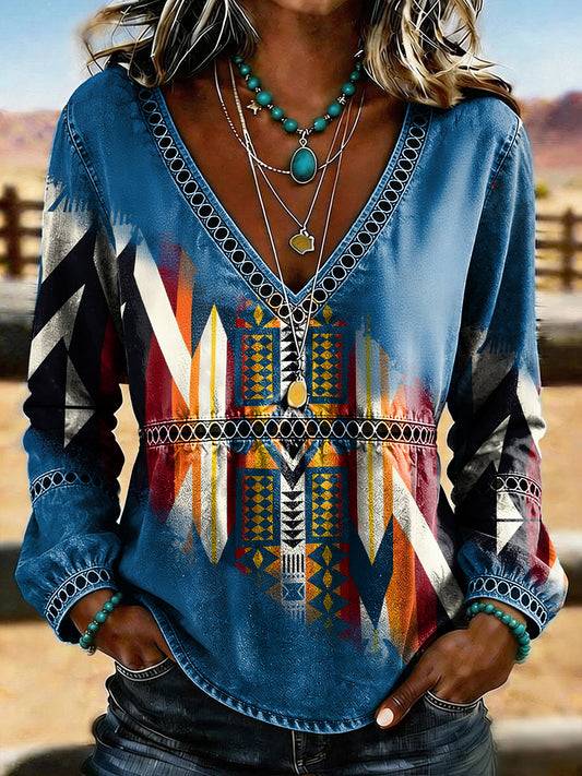 Women's Retro Western Aztec Print Casual Top