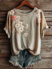 Women's Vintage Floral Art Print Casual Short Sleeve T-shirt