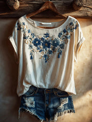 Women's Vintage Floral Art Print Casual Short Sleeve T-shirt