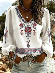 Women's Vintage Western Style V-Neck Long Sleeve Top