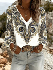 Women's Vintage Western Style V-Neck Long Sleeve Top