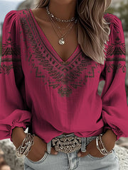 Women's Vintage Western Style V-Neck Long Sleeve Top