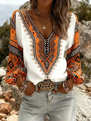 Women's Vintage Western Style V-Neck Long Sleeve Top