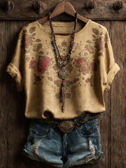 Women's Vintage Western Plants Flowers Printed T-shirt
