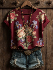 Women's Vintage Western Plants Flowers Printed T-shirt
