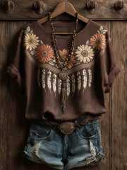 Women's Vintage Western Plants Flowers Printed T-shirt