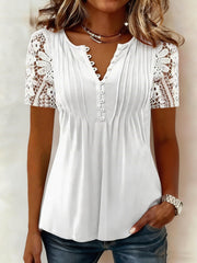 Women's Casual Elegant Lace-Paneled Pleated Button-Up Short-Sleeve Top