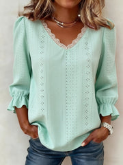 Women's Lace-Trimmed Openwork 3/4-Sleeve Shirt