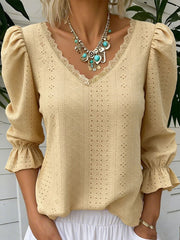 Women's Lace-Trimmed Openwork 3/4-Sleeve Shirt