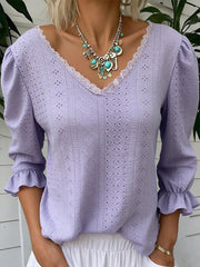 Women's Lace-Trimmed Openwork 3/4-Sleeve Shirt