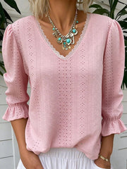 Women's Lace-Trimmed Openwork 3/4-Sleeve Shirt