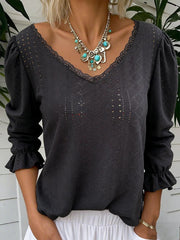 Women's Lace-Trimmed Openwork 3/4-Sleeve Shirt