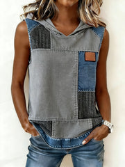 Women's Simple Denim Patchwork Hooded Top