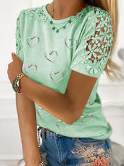 Women's Lace-Paneled Love Heart Print Casual Tee