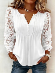 Women's Casual Elegant Lace-Paneled Pleated Button-Up Top
