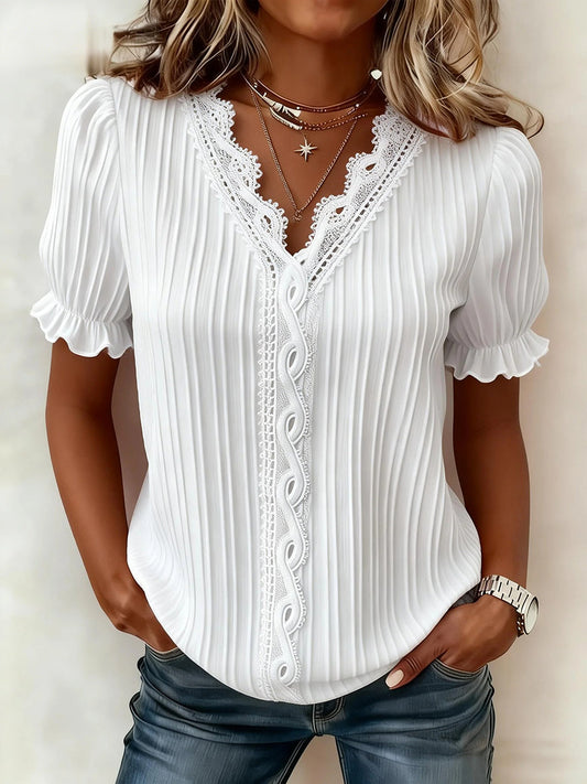 Women's Casual Elegant Lace-Paneled Short-Sleeve Shirt