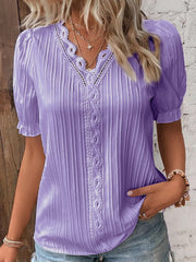Women's Casual Elegant Lace-Paneled Short-Sleeve Shirt