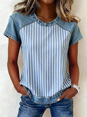 Women's Striped Print Denim Patchwork Top