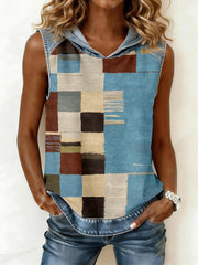 Women's Abstract Art Plaid Print Denim Patchwork Hooded Top