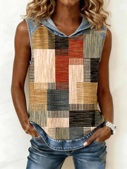 Women's Abstract Art Geometric Pattern Denim Patchwork Hooded Top