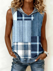 Women's Blue Plaid Pattern Denim Patchwork Hooded Top