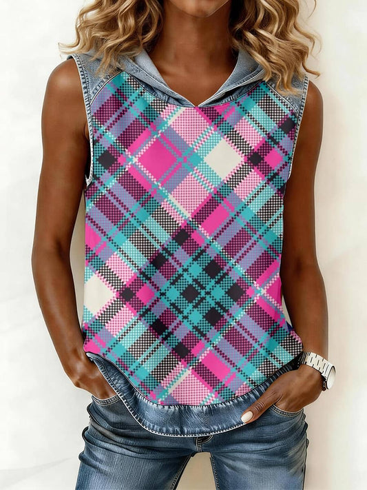 Women's Vintage Plaid Print Denim Patchwork Hooded Top