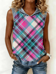 Women's Vintage Plaid Print Denim Patchwork Hooded Top