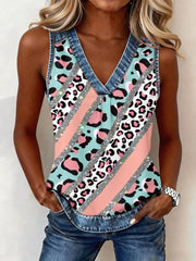 Women's Leopard Print Denim Patchwork Top