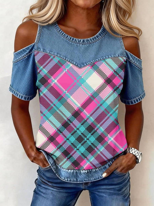 Women's Vintage Plaid Print Denim Patchwork Top