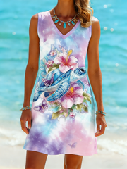 Women's Sea Turtles Print Printed V-Neck Elegant Chic Loose Long Sleeve Maxi Dress