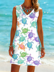 Women's Cute Sea Turtles Print Casual Sleeveless V-Neck Dress