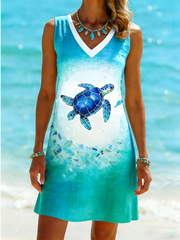Women's Sea Turtles Print Printed V-Neck Elegant Chic Loose Long Sleeve Maxi Dress
