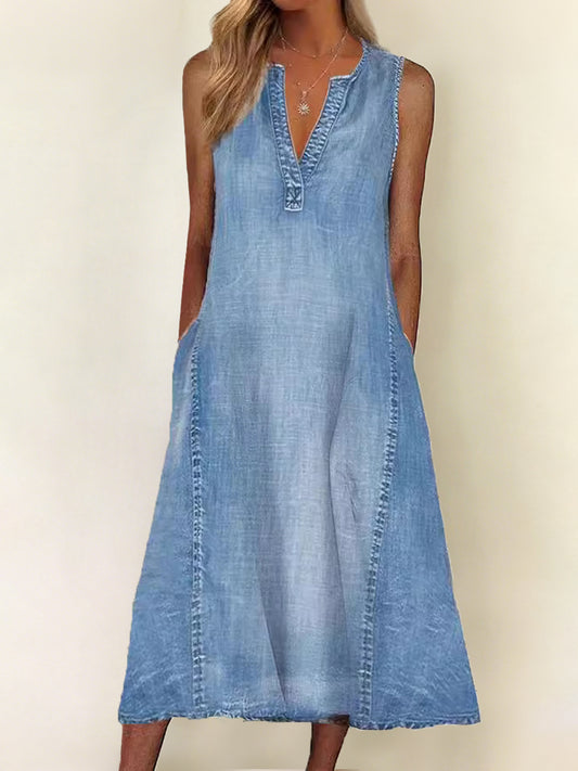 Women's Casual Elegant Sleeveless V-Neck Denim Dress