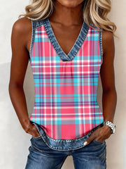 Women's Pastel Plaid Pattern Denim Patchwork Top