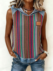 Women's striped art print sleeveless tops