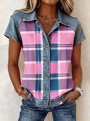 Women's Vintage Plaid Pattern Denim Patchwork Shirt