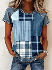 Women's Blue Plaid Pattern Denim Patchwork Top