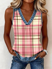 Women's Pink Plaid Pattern Denim Patchwork Top