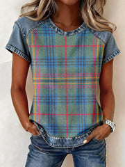 Women's Vintage Plaid Pattern Denim Patchwork Top
